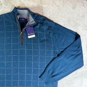 Alan Flusser Classic Men's Teal Windowpane 1/4 Zip Sweater Size XL